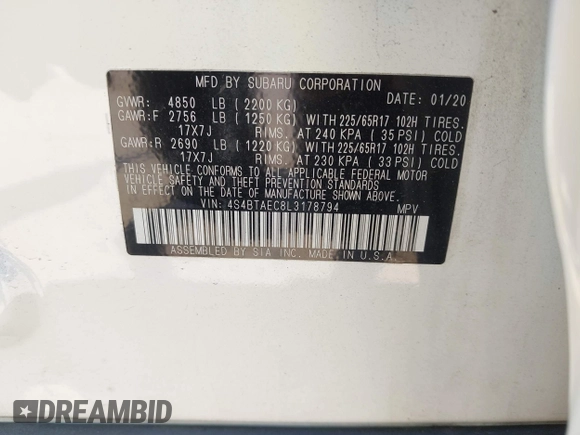 2020 Subaru Outback Premium with VIN 4S4BTAEC8L3178794, listed as a IAAI auction lot 42591828 with 70,062 mi miles and . Bid and sale history available at DreamBid. Image 9.