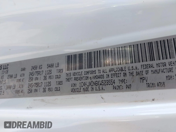 2019 Jeep Wrangler Unlimited Sport S with VIN 1C4HJXDN6KW523554, listed as a IAAI auction lot 41648277 with 91,648 mi miles and . Bid and sale history available at DreamBid. Image 9.