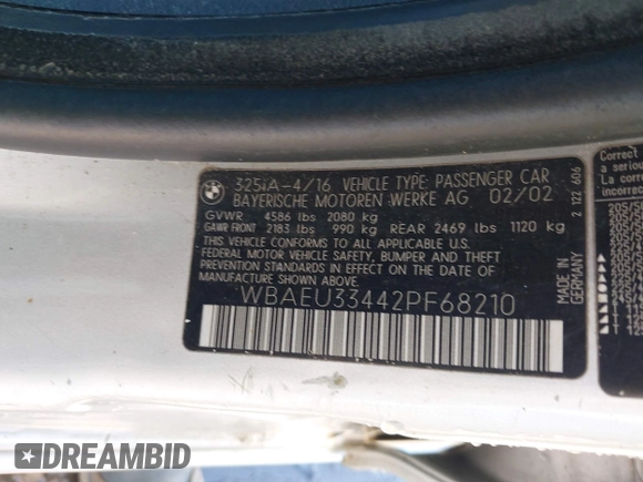 2002 BMW 3 Series 325xi with VIN WBAEU33442PF68210, listed as a IAAI auction lot 41895770 with 218,115 mi miles and . Bid and sale history available at DreamBid. Image 9.
