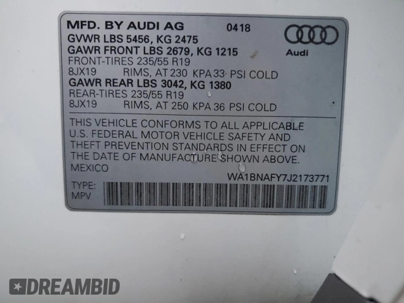 2018 Audi Q5 Premium Plus with VIN WA1BNAFY7J2173771, listed as a Copart auction lot 68960032 with 23,280 mi miles. Bid and sale history available at carsss.com. Image 13.