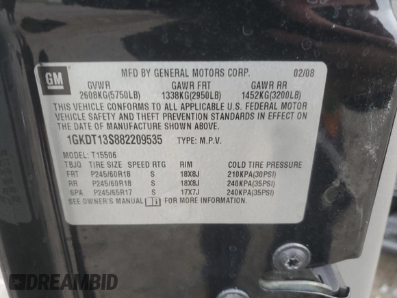 2008 GMC Envoy SLT with VIN 1GKDT13S882209535, listed as a Copart auction lot 80225274 with 68,939 mi miles and Salvage Title. Bid and sale history available at carsss.com. Image 16.