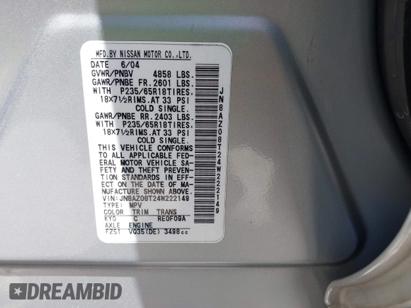 2004 Nissan Murano SL z VIN JN8AZ08T24W222149, wystawiony jako IAAI lot #42304029 z przebiegiem 166 130 mil mil oraz . Historia ofert i sprzedaży dostępna na DreamBid. Obrazek 9.