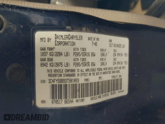 2003 Chrysler PT Cruiser Touring with VIN 3C4FY58B93T501093, listed as a IAAI auction lot 41629143 with 171,671 mi miles and . Bid and sale history available at DreamBid. Image 9.