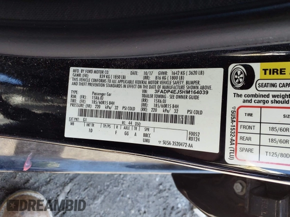 2017 Ford Fiesta SE with VIN 3FADP4EJ5HM164039, listed as a IAAI auction lot 41769636 with 56,778 mi miles. Bid and sale history available at carsss.com. Image 9.