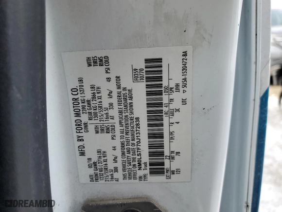2018 Ford Transit Connect Van XLT with VIN NM0LS7F70J1372838, listed as a Copart auction lot 45725215 with 257,200 mi miles and Salvage Title. Bid and sale history available at carsss.com. Image 13.