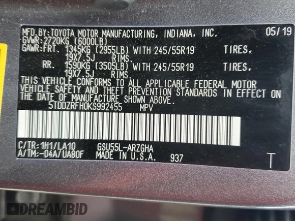 2019 Toyota Highlander Limited with VIN 5TDDZRFH0KS992455, listed as a Copart auction lot 54707655 with 408,319 mi miles and Salvage title. Bid and sale history available at DreamBid. Image 12.