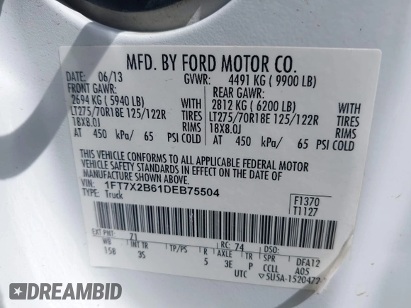 2013 Ford F-250 XL with VIN 1FT7X2B61DEB75504, listed as a IAAI auction lot 41821358 with 202,745 mi miles and . Bid and sale history available at DreamBid. Image 9.