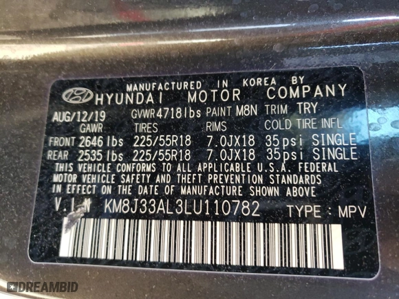 2020 Hyundai Tucson Sport with VIN KM8J33AL3LU110782, listed as a Copart auction lot 87068294 with 24,782 mi miles and Salvage Title. Bid and sale history available at carsss.com. Image 14.