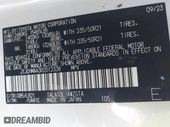 2024 Lexus RX 350 with VIN JTJCHMAA3R2012338, listed as a IAAI auction lot 42195076 with 22,993 mi miles and . Bid and sale history available at DreamBid. Image 9.