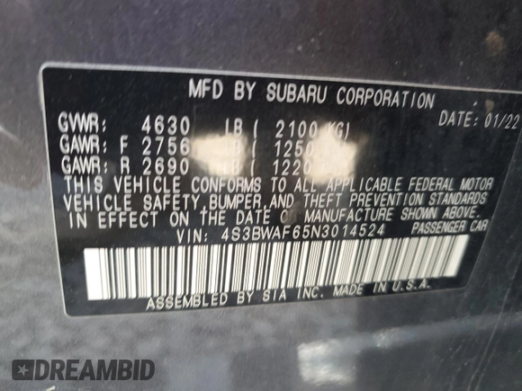 2022 Subaru Legacy Premium z VIN 4S3BWAF65N3014524, wystawiony jako Copart lot #63920205 z przebiegiem 83 807 mil mil oraz Szkoda całkowita • Salvage title. Historia ofert i sprzedaży dostępna na DreamBid. Obrazek 12.