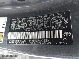 2019 Toyota Prius L Eco with VIN JTDKARFU9K3075219, listed as a IAAI auction lot 42113323 with 218,986 mi miles. Bid and sale history available at carsss.com. Image 9.