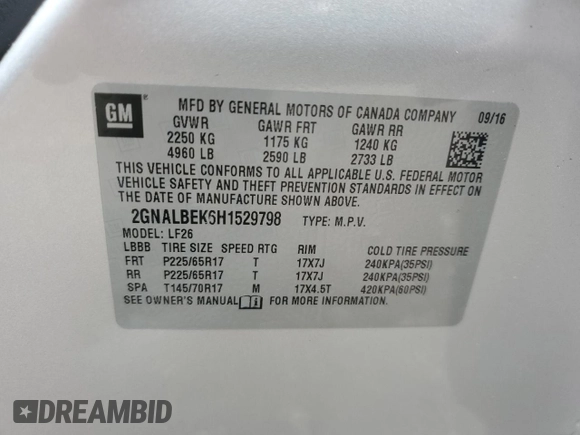 2017 Chevrolet Equinox LS z VIN 2GNALBEK6H1529798, wystawiony jako Copart lot #57657665 z przebiegiem 122 221 mil mil oraz Szkoda całkowita • Salvage title. Historia ofert i sprzedaży dostępna na DreamBid. Obrazek 12.