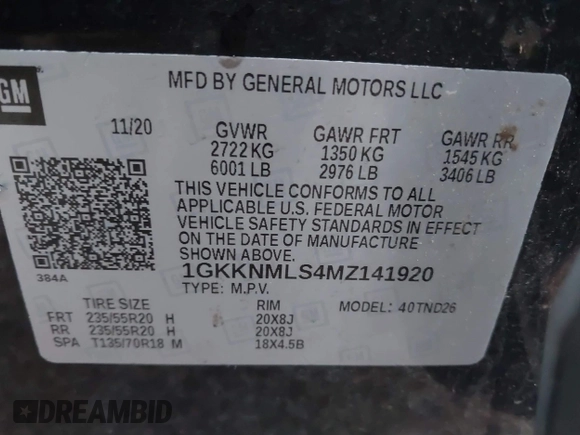2021 GMC Acadia SLT with VIN 1GKKNMLS4MZ141920, listed as a IAAI auction lot 41149390 with 81,090 mi miles. Bid and sale history available at carsss.com. Image 9.
