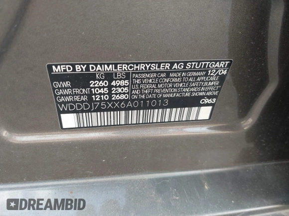 2006 Mercedes-Benz CLS 500 with VIN WDDDJ75XX6A011013, listed as a IAAI auction lot 37291476 with Not provided miles and . Bid and sale history available at DreamBid. Image 9.