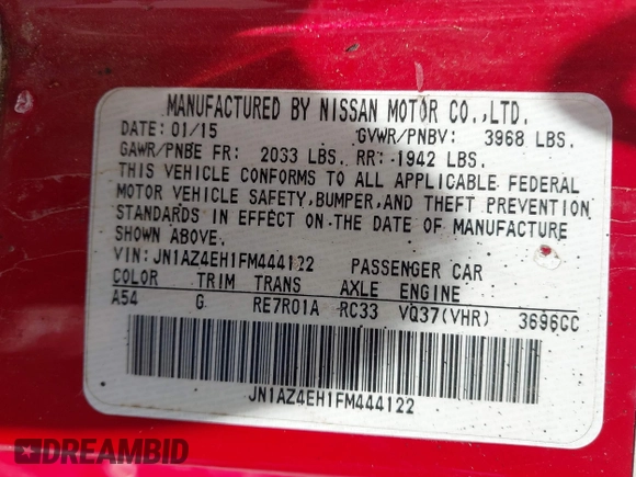 2015 Nissan 370Z Sport with VIN JN1AZ4EH1FM444122, listed as a IAAI auction lot 42140720 with Not Provided miles and . Bid and sale history available at DreamBid. Image 9.