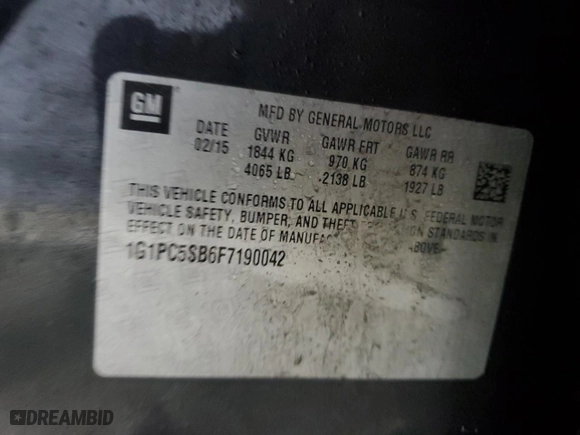 2015 Chevrolet Cruze LT with VIN 1G1PC5SB6F7190042, listed as a Copart auction lot 49671695 with 88,215 mi miles and Salvage Title. Bid and sale history available at carsss.com. Image 12.