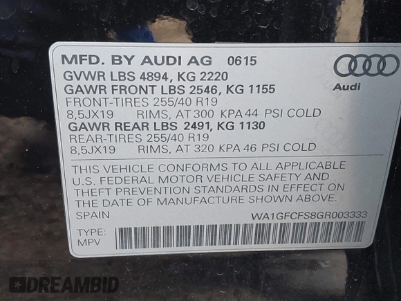 2016 Audi Q3 Prestige with VIN WA1GFCFS8GR003333, listed as a IAAI auction lot 41924542 with 116,360 mi miles. Bid and sale history available at carsss.com. Image 9.