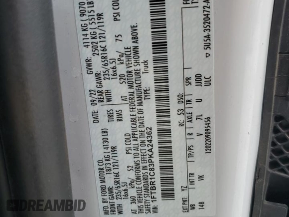 2023 Ford Transit Cargo with VIN 1FTBR1C83PKA24362, listed as a Copart auction lot 58766595 with 7,047 mi miles and Salvage title. Bid and sale history available at DreamBid. Image 13.