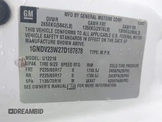 2007 Chevrolet Uplander LS Fleet with VIN 1GNDV23W27D187878, listed as a IAAI auction lot 41907218 with 215,697 mi miles and . Bid and sale history available at DreamBid. Image 9.