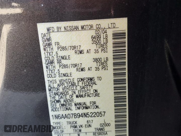 2004 Nissan Titan LE with VIN 1N6AA07B94N522057, listed as a Copart auction lot 47603315 with 152,319 mi miles and Non Repairable. Bid and sale history available at carsss.com. Image 15.