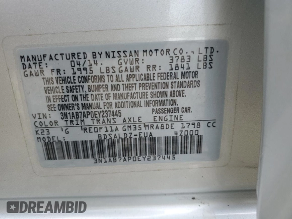 2014 Nissan Sentra SR z VIN 3N1AB7AP0EY237445, wystawiony jako Copart lot #58056625 z przebiegiem 171 941 mil mil oraz Szkody całkowita. Historia ofert i sprzedaży dostępna na DreamBid. Obrazek 12.