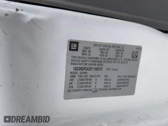 2014 Chevrolet Express Cargo with VIN 1GCWGFCA2E1198370, listed as a IAAI auction lot 42143804 with Not provided miles and . Bid and sale history available at DreamBid. Image 9.
