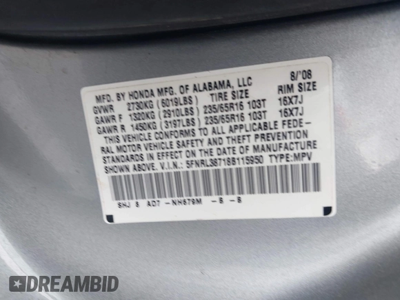 2008 Honda Odyssey EX-L with VIN 5FNRL38718B115950, listed as a IAAI auction lot 41957715 with 226,033 mi miles and . Bid and sale history available at DreamBid. Image 9.