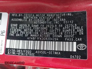 2012 Toyota Camry L z VIN 4T4BF1FK3CR204294, wystawiony jako IAAI lot #42039420 z przebiegiem 36 540 mil mil oraz . Historia ofert i sprzedaży dostępna na DreamBid. Obrazek 9.