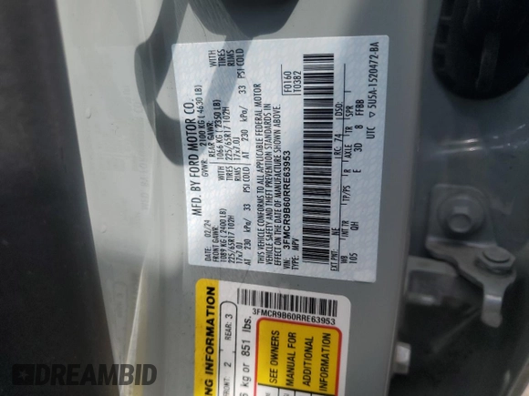 2024 Ford Bronco Sport Big Bend z VIN 3FMCR9B60RRE63953, wystawiony jako Copart lot #57494345 z przebiegiem Nie podano mil oraz Szkoda całkowita • Salvage title. Historia ofert i sprzedaży dostępna na DreamBid. Obrazek 13.