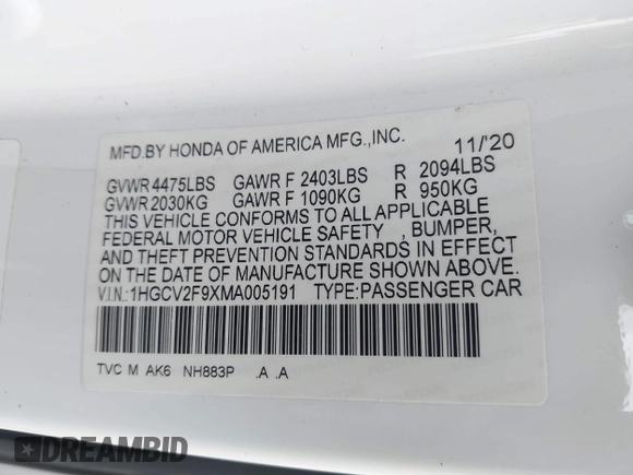2021 Honda Accord Touring with VIN 1HGCV2F9XMA005191, listed as a IAAI auction lot 42088545 with 169,611 mi miles and . Bid and sale history available at DreamBid. Image 9.