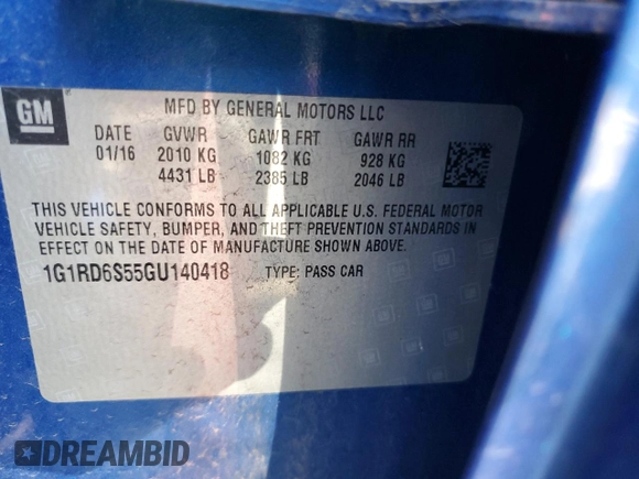 2016 Chevrolet Volt Premier with VIN 1G1RD6S55GU140418, listed as a Copart auction lot 43812253 with 56,113 mi miles. Bid and sale history available at carsss.com. Image 12.
