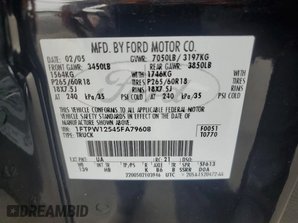 2005 Ford F-150 XLT с VIN 1FTPW12545FA79608, выставлен на аукционе Copart как лот 55271705 с пробегом 245 004 миль миль и Списание • Salvage title. История ставок и продаж доступна на DreamBid. Изображение 12.