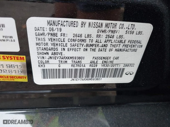 2019 Infiniti Q50 3.0t LUXE with VIN JN1EV7ARXKM593801, listed as a IAAI auction lot 40402805 with 54,318 mi miles. Bid and sale history available at carsss.com. Image 9.