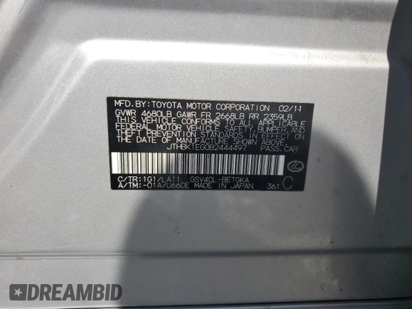 2011 Lexus ES 330 with VIN JTHBK1EG0B2444497, listed as a Copart auction lot 52686225 with 136,554 mi miles and Salvage Title. Bid and sale history available at DreamBid. Image 13.