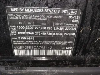 2012 Mercedes-Benz GL 350 with VIN 4JGBF2FE8CA798442, listed as a IAAI auction lot 41752305 with 130,348 mi miles and . Bid and sale history available at DreamBid. Image 9.