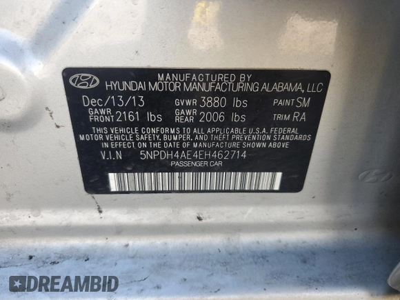2014 Hyundai Elantra SE with VIN 5NPDH4AE4EH462714, listed as a Copart auction lot 51678175 with 188,850 mi miles and Salvage Title. Bid and sale history available at DreamBid. Image 12.
