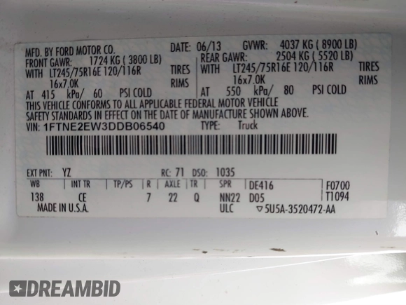 2013 Ford Econoline Cargo Commercial with VIN 1FTNE2EW3DDB06540, listed as a IAAI auction lot 40918103 with Not Provided miles and . Bid and sale history available at DreamBid. Image 9.