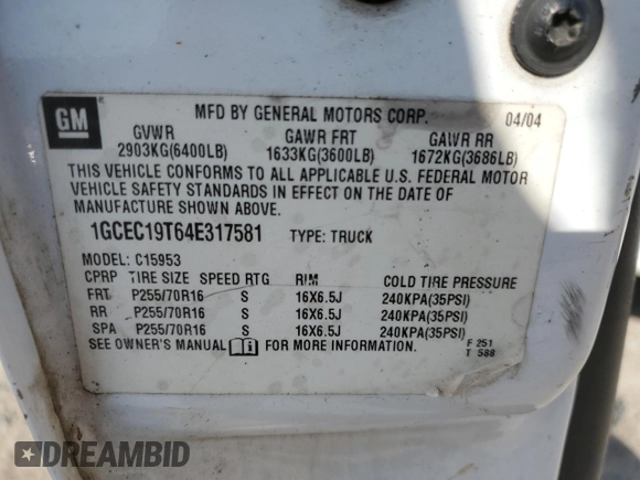 2004 Chevrolet Silverado 1500 Work Truck with VIN 1GCEC19T64E317581, listed as a Copart auction lot 51052485 with 196,309 mi miles and Salvage Title. Bid and sale history available at carsss.com. Image 13.