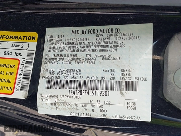 2020 Ford Mustang GT Premium z VIN 1FATP8FF4L5119301, wystawiony jako IAAI lot #40745931 z przebiegiem Nie podano mil oraz . Historia ofert i sprzedaży dostępna na DreamBid. Obrazek 9.