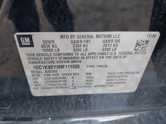 2017 Chevrolet Silverado 2500HD LT with VIN 1GC1KVEY9HF111035, listed as a IAAI auction lot 41470279 with 155,494 mi miles. Bid and sale history available at carsss.com. Image 9.