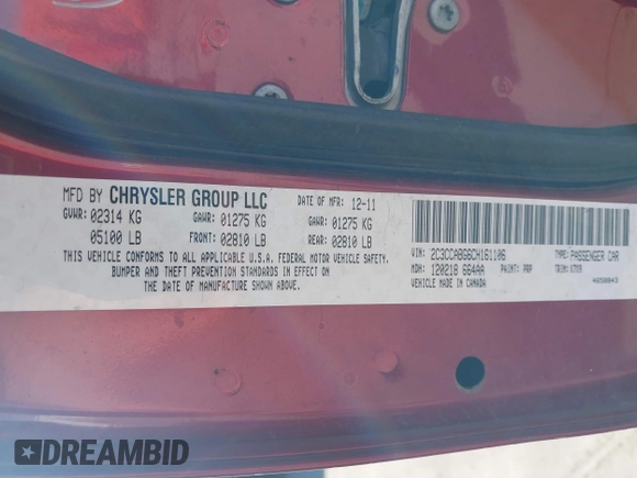 2012 Chrysler 300 S with VIN 2C3CCABG6CH161106, listed as a IAAI auction lot 41684797 with 216,203 mi miles and . Bid and sale history available at DreamBid. Image 9.