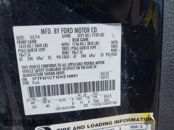 2014 Ford F-150 XL with VIN 1FTFW1CT1EKE18891, listed as a IAAI auction lot 41736313 with 231,239 mi miles. Bid and sale history available at carsss.com. Image 9.