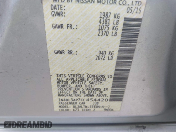 2015 Nissan Altima SL with VIN 1N4BL3AP7FC454420, listed as a IAAI auction lot 41666384 with 211,747 mi miles and . Bid and sale history available at carsss.com. Image 9.