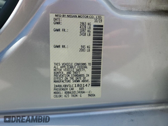 2020 Nissan Altima S z VIN 1N4BL4BV5LC180147, wystawiony jako Copart lot #56064575 z przebiegiem 64 555 mil mil oraz Szkoda całkowita • Salvage title. Historia ofert i sprzedaży dostępna na DreamBid. Obrazek 12.