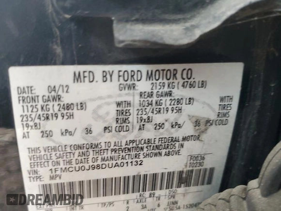 2013 Ford Escape Titanium with VIN 1FMCU0J98DUA01132, listed as a Copart auction lot 49501705 with 318,385 mi miles and Clean Title. Bid and sale history available at carsss.com. Image 13.