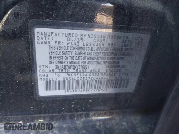 2019 Nissan Sentra S with VIN 3N1AB7AP5KY376921, listed as a IAAI auction lot 41977915 with 90,700 mi miles and . Bid and sale history available at DreamBid. Image 9.