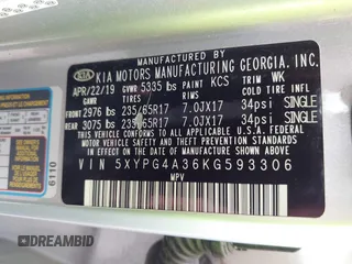 2019 Kia Sorento L z VIN 5XYPG4A36KG593306, wystawiony jako IAAI lot #42084345 z przebiegiem 115 241 mil mil oraz . Historia ofert i sprzedaży dostępna na DreamBid. Obrazek 9.