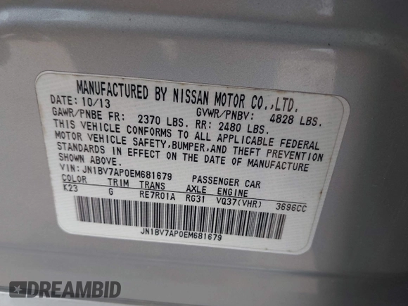 2014 Infiniti Q50 with VIN JN1BV7AP0EM681679, listed as a IAAI auction lot 41371773 with 141,940 mi miles. Bid and sale history available at carsss.com. Image 9.