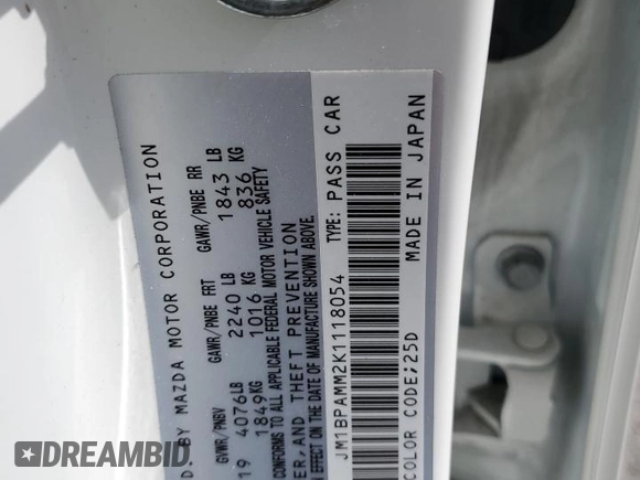 2019 Mazda 3 Preferred z VIN JM1BPAMM2K1118054, wystawiony jako Copart lot #56214655 z przebiegiem Nie podano mil oraz Szkoda całkowita • Salvage title. Historia ofert i sprzedaży dostępna na DreamBid. Obrazek 12.