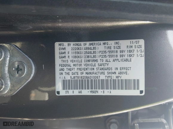 2008 Acura RDX with VIN 5J8TB18208A010067, listed as a IAAI auction lot 42094217 with 166,097 mi miles. Bid and sale history available at carsss.com. Image 9.